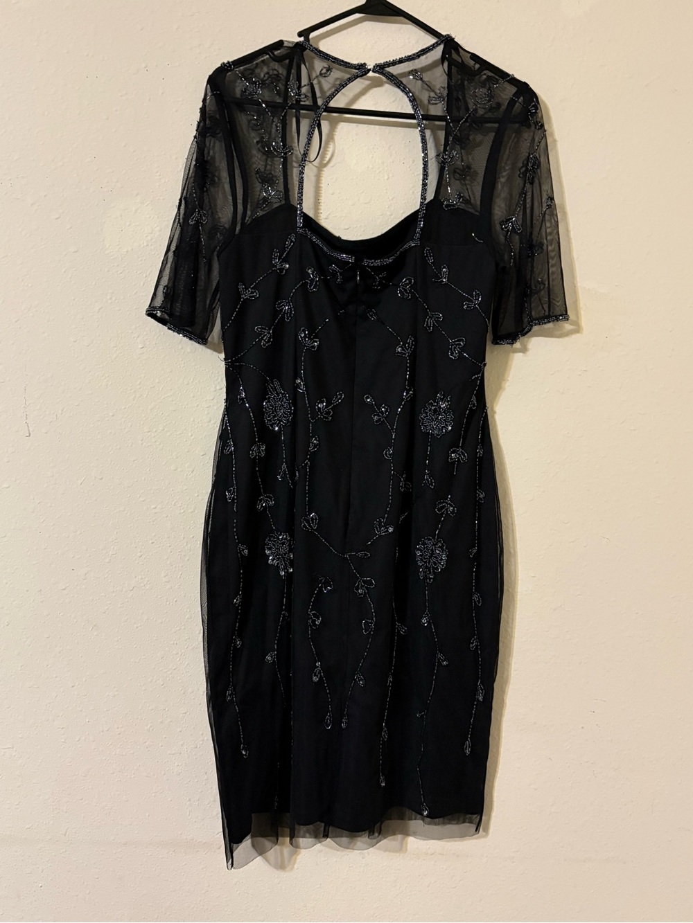 Adrianna Papell Black Beaded Midi Dress with Sheer Short Sleeves